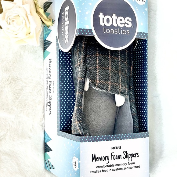 NWT TOTES TOASTIES MENS MEMORY FOAM SLIPPERS MD 8-9 Dk Charcoal w/brown stripes - Picture 2 of 4